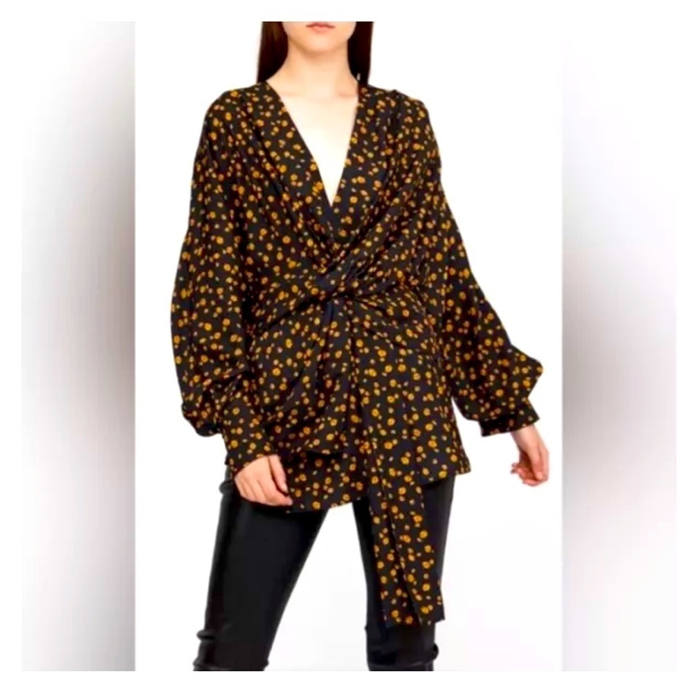 Acler Jenkins Twist Blouse In Black Ditsy Size S/M Black Orange Floral V-Neck